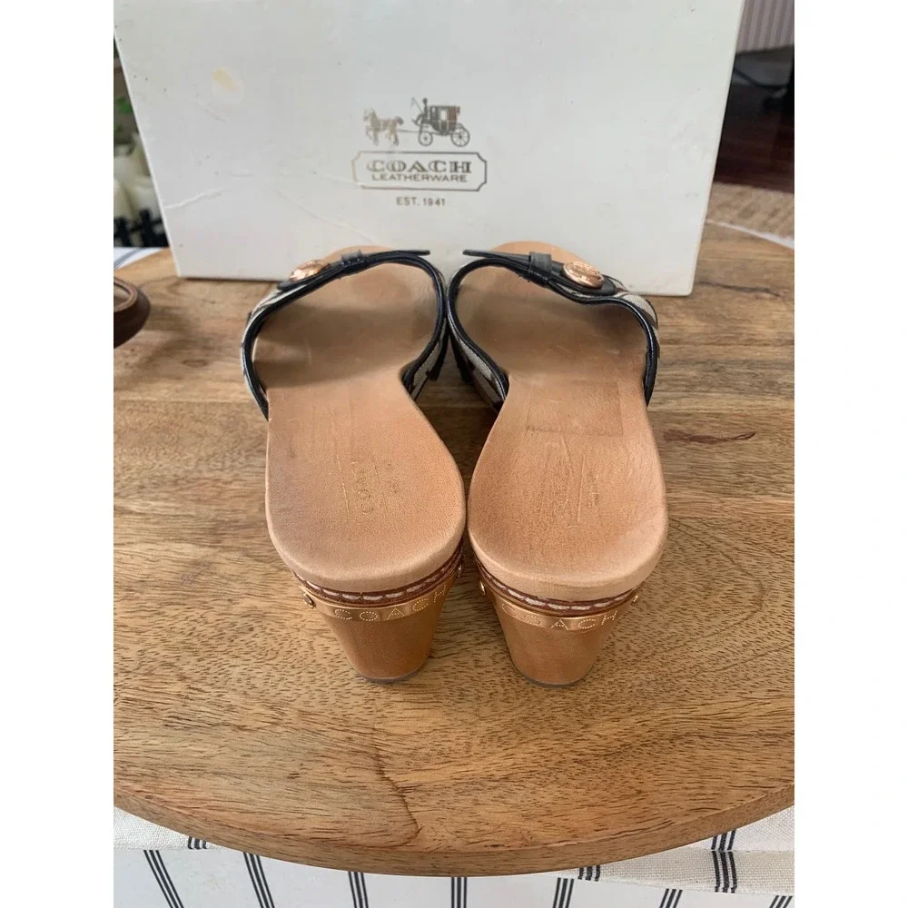 Vintage Coach Lee Sandal Signature Logo Cavas Wood Heel Patent Leather Women 8.5 - Picture 5 of 16
